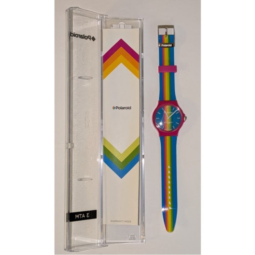 Rare Polaroid Colorful Rainbow Watch Blue & Rainbow Band Pink Bezel ~ 3 ATM NEW